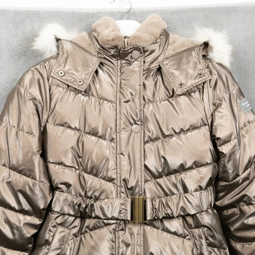 ABERCROMBIE & FITCH Metallic Belted Faux Fur Puffer Parka Coat Bronze Girls 9/10